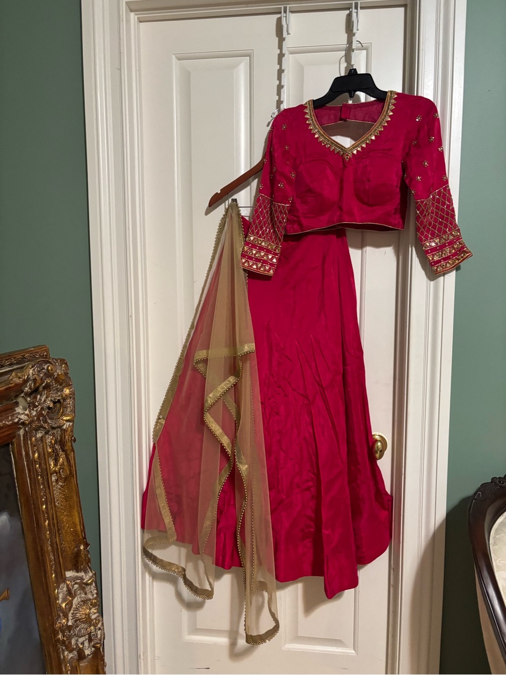 Women’s Red Embellished three piece Lehenga Set with Gold Trim Medium